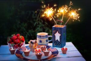 table set up for Fourth of July neighborhood celebration